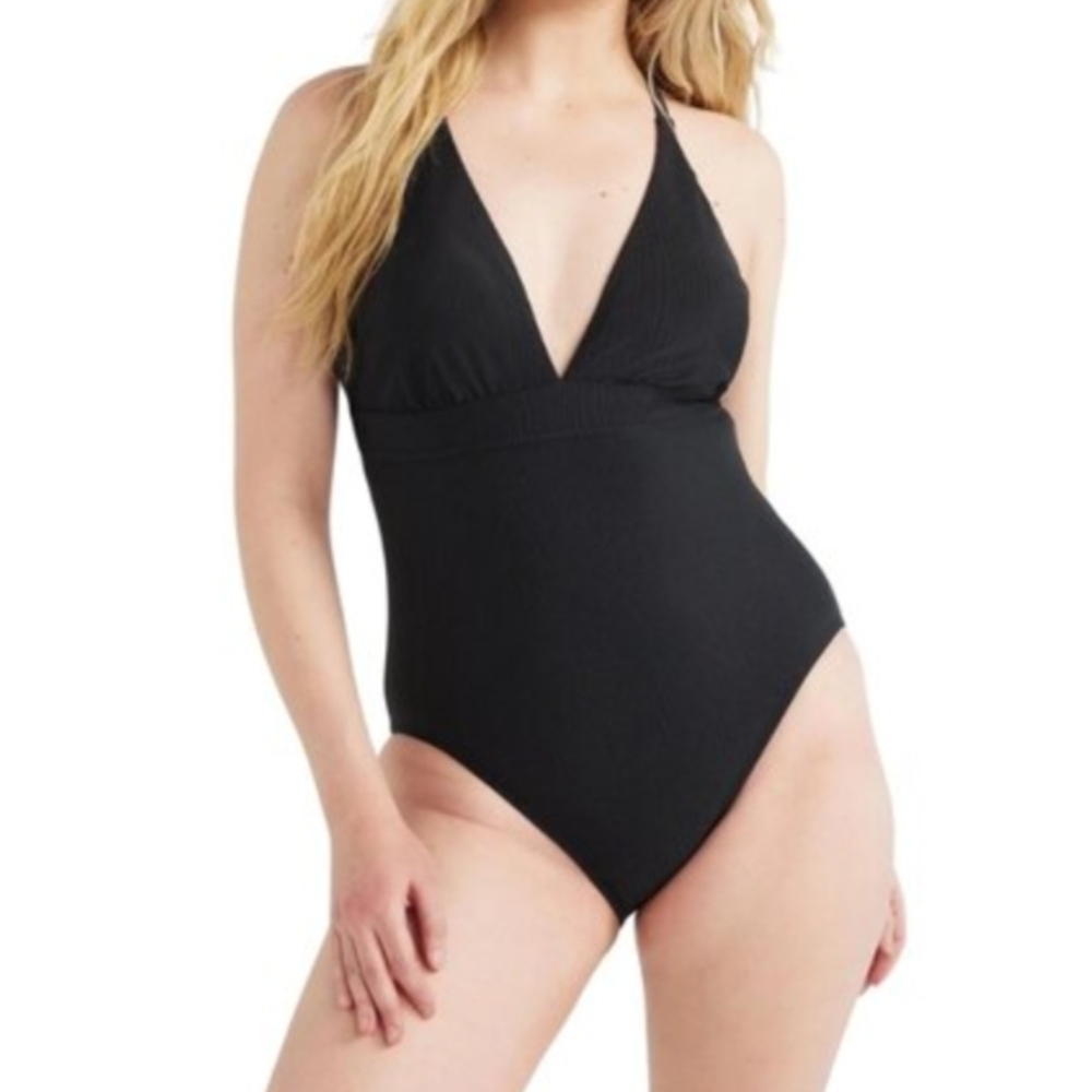 Time & Tru Woman's Ribbed One Piece Plunge Adjustable Halter Swimsuit, XL - Picture 11 of 13